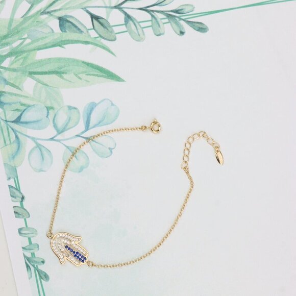 "Elegant Hamsa Hand Charm Rose Gold Bracelet with Blue Accents, XPBL0852 - Picture 7 of 12